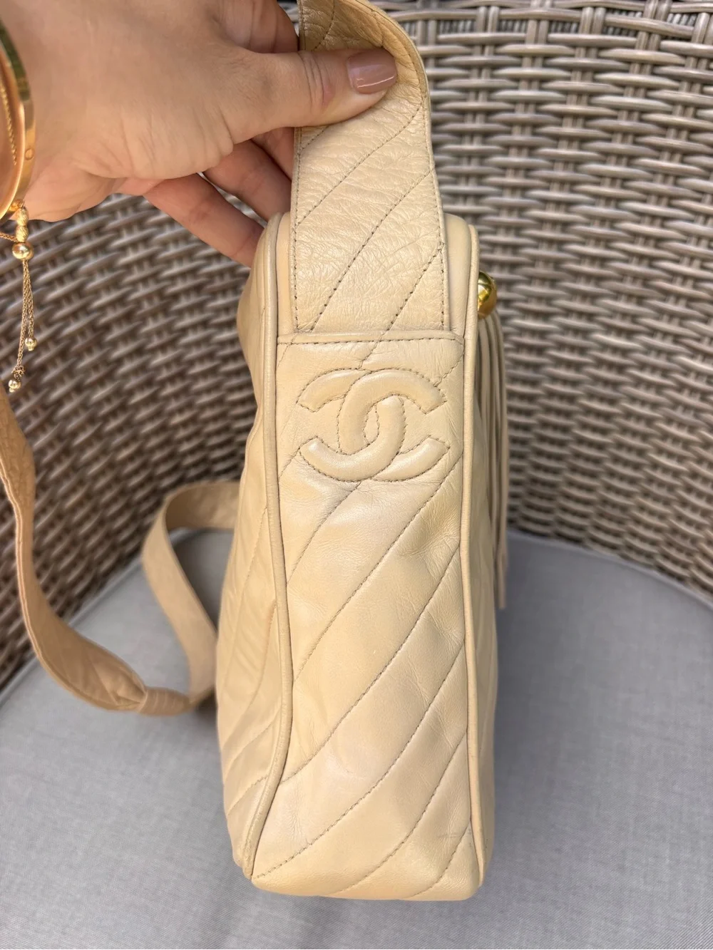 Authentic CHANEL beige leather tassel camera crossbody bag